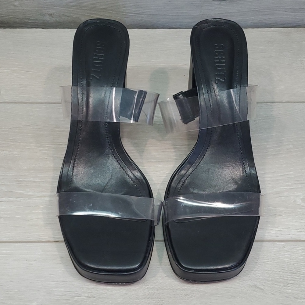 Schutz Black Heeled Sandals with Clear Straps Size 7.5